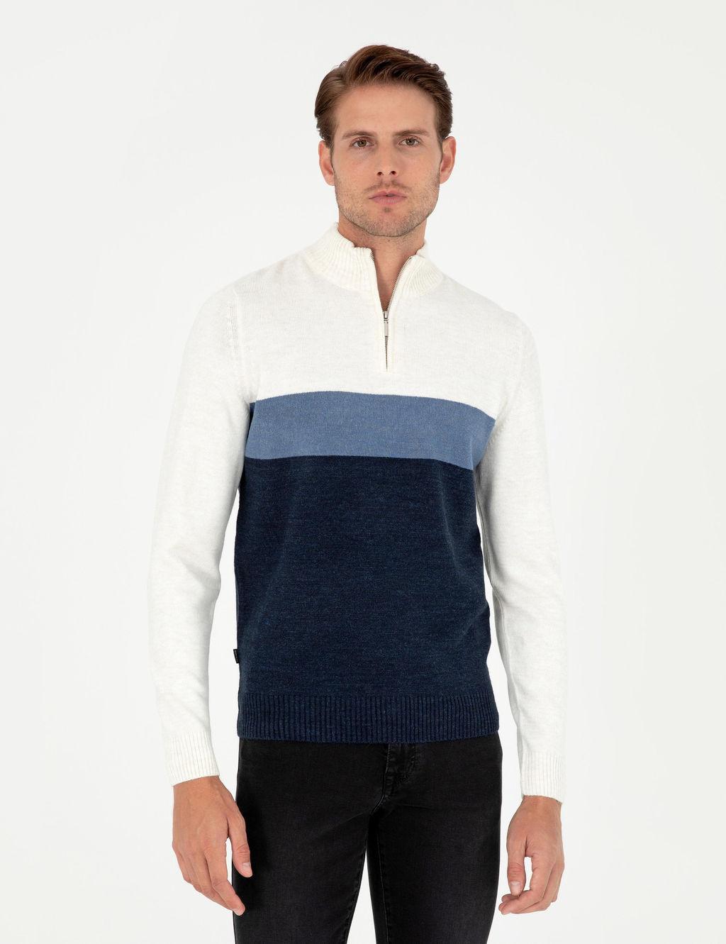 Lacivert Slim Fit Fermuarl_ Dik Yaka Triko Kazak