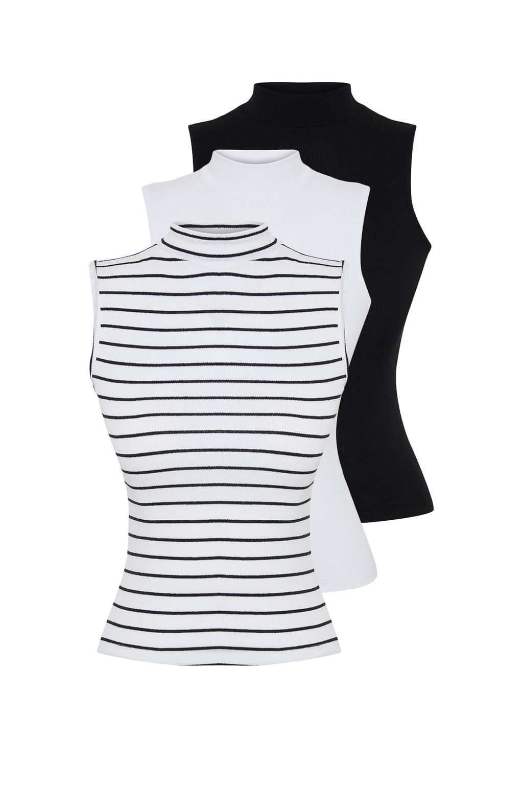 Siyah-Beyaz-Cok Renkli 3Lu Paket Fitted/Vucuda Oturan Fitilli Esnek Orme Bluz TWOSS24BZ00560 - Trendyolmilla фото 7