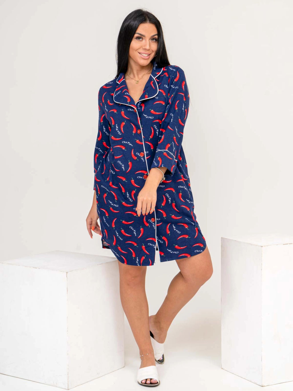 Халат женский, цвет синий красный белый