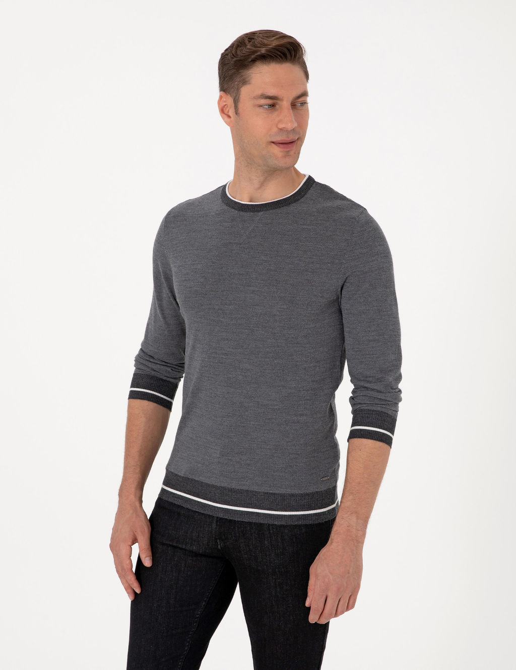 A__k Gri Melanj Slim Fit Bisiklet Yaka Y_n Kar___ml_ Triko Kazak - Pierre cardin фото 3