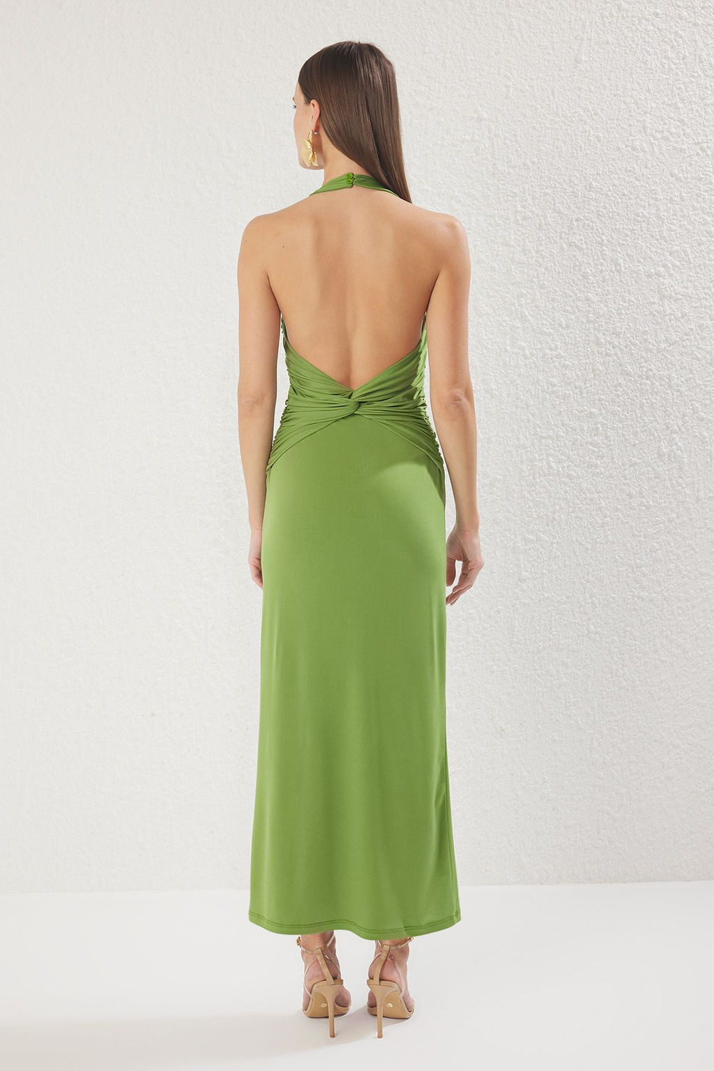 TRENDYOLMILLA Yag Yesil Duz Buzgu / Drape Midi Burgu Detayl? Esnek Orme Elbise TWOSS25EL00676 фото 8