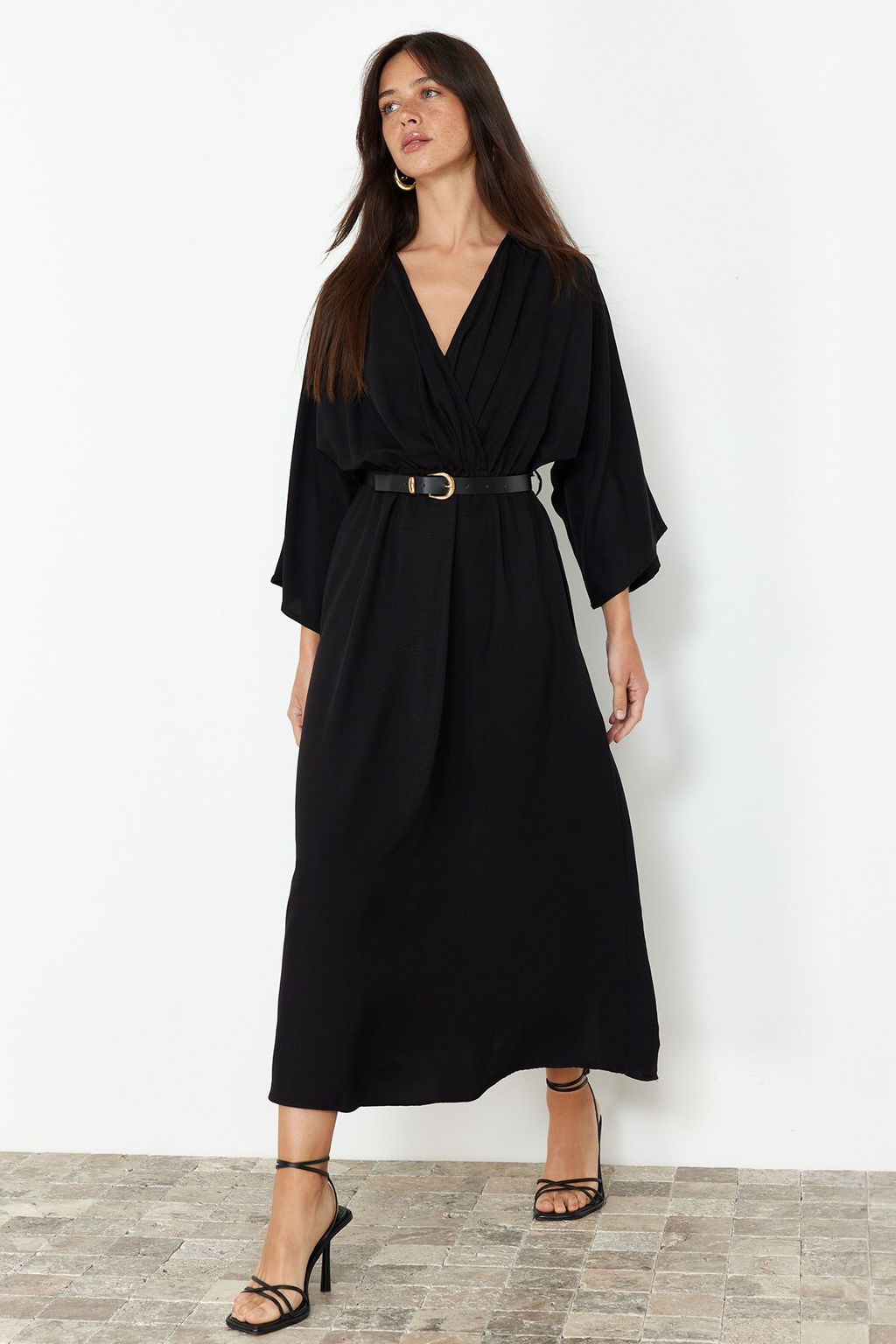 Siyah Kemerli A-line Kruvaze Yakal? Aerobin Midi Dokuma Elbise TWOSS24EL00992