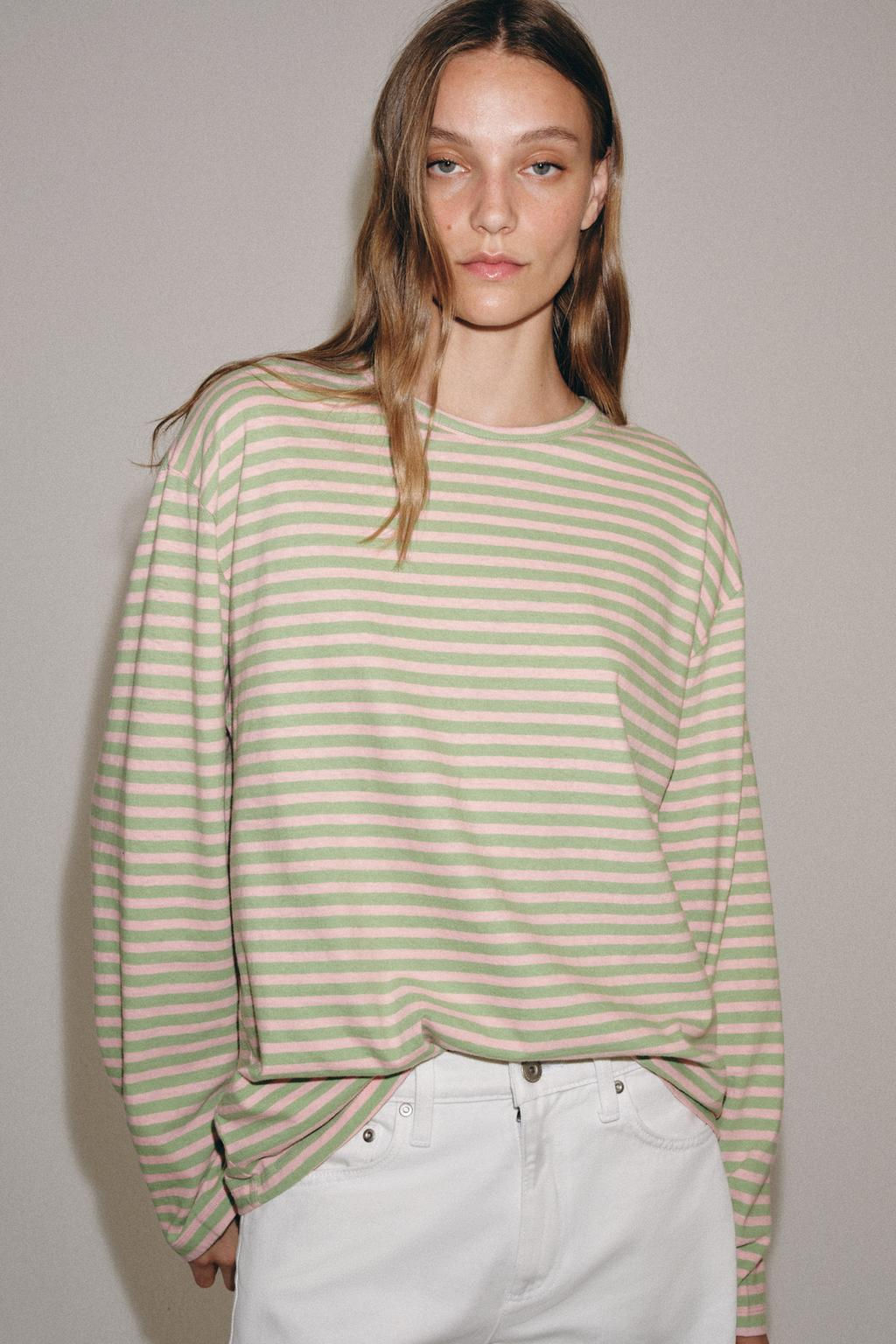 CAMISETA ALGOD?N Y LINO RAYAS / Rosa pastel - Zara фото 28