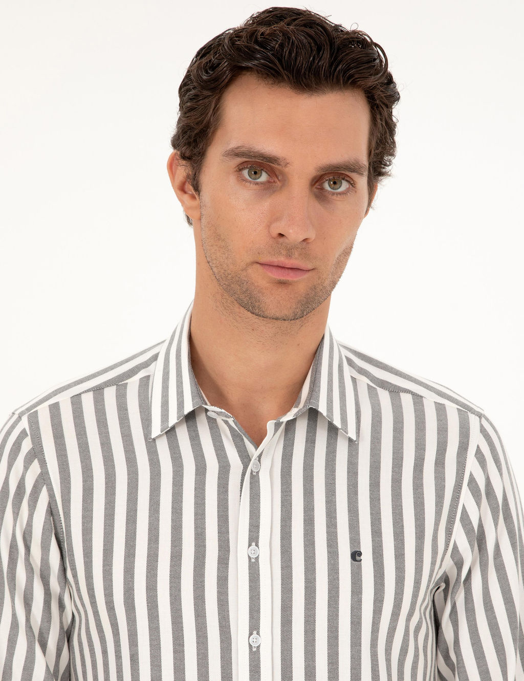 Gri Slim Fit _izgili Pamuk G_mlek