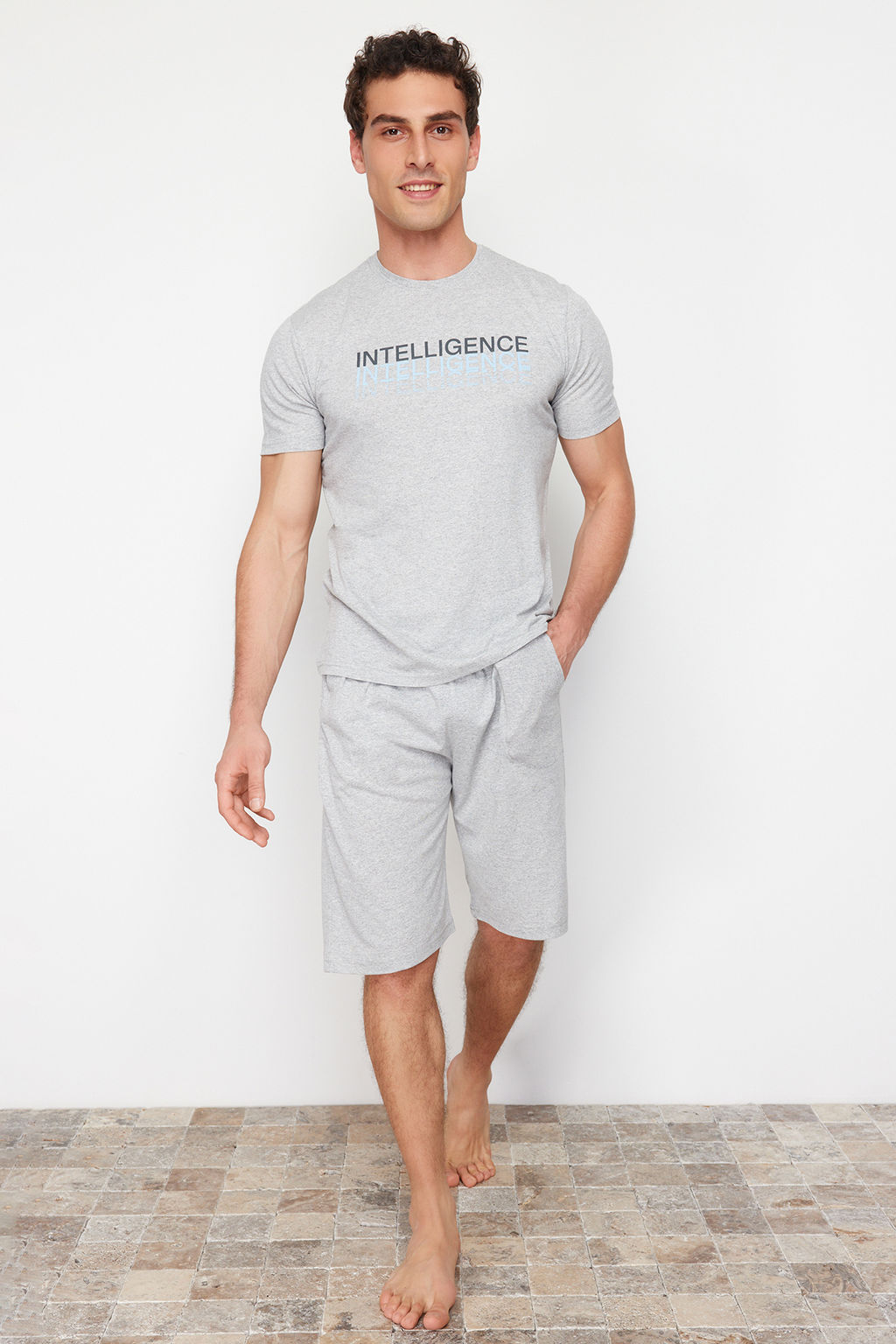 TRENDYOL MAN Gri Regular Fit Bisiklet Yaka Orme Sortlu Pijama Tak?m? TMNSS24PT00046 - Trendyolmilla фото 12
