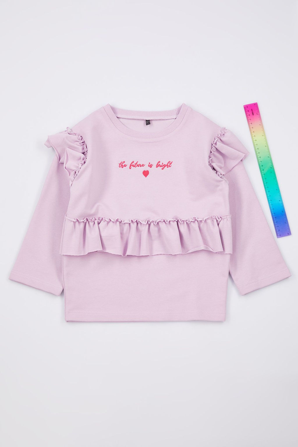 Lila K?z Cocuk Slogan Bask?l? F?rf?r Detayl? Orme Sweatshirt TKDAW25SW00033