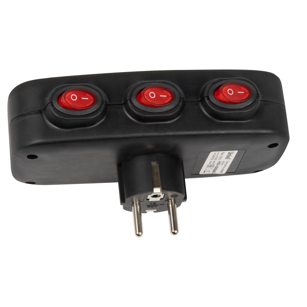 S-GES3-16OB BLACK Разветвитель сетевой с выключателм, с/з. 3 гнезда. 16А, 3500Вт. Черный. ТМ Uniel