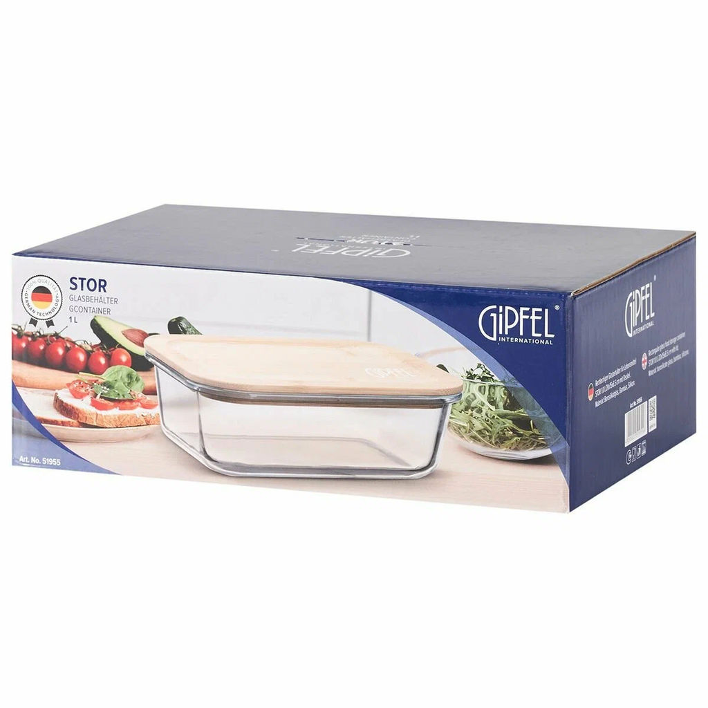 51955 GIPFEL Контейнер стеклянный STOR 1л/20х15х6,5см, прямоугольный с крышкой. Материал: боросиликатное стекло, бамбук, силикон