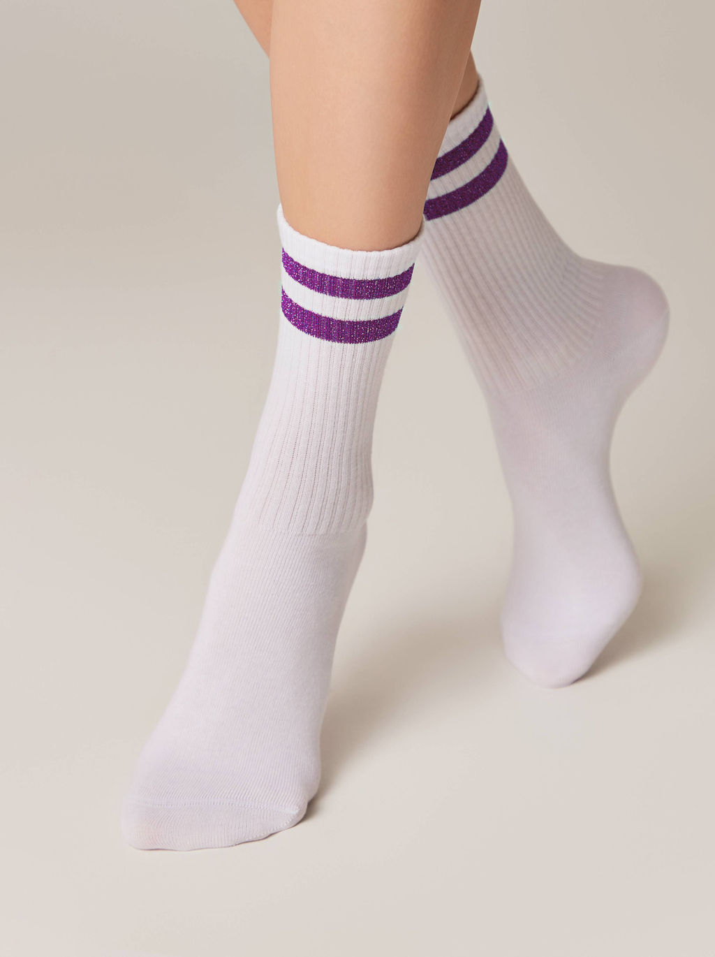 Цена за 2 пары. Носки Классические CONTE ACTIVE Хлопковые носки с яркими полосками из люрекса белый-сиреневый - Conte elegant фото 3