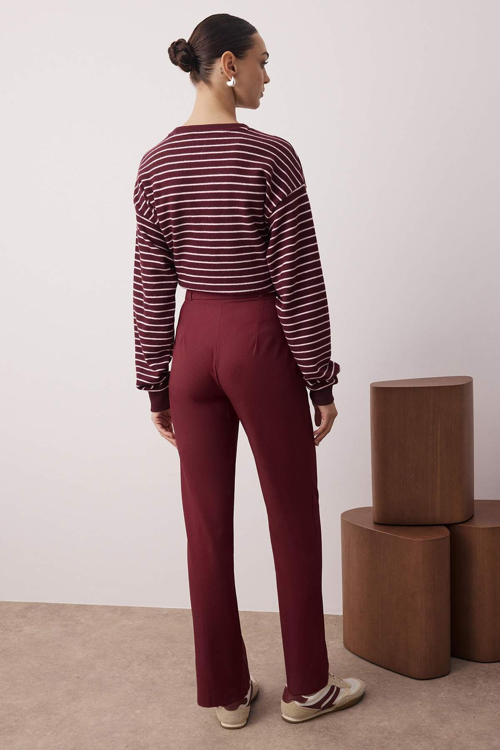 Bordo Straight/Duz Kesim Yuksek Bel Nervur Dikisli Dokuma Pantolon TWOSS21PL0093