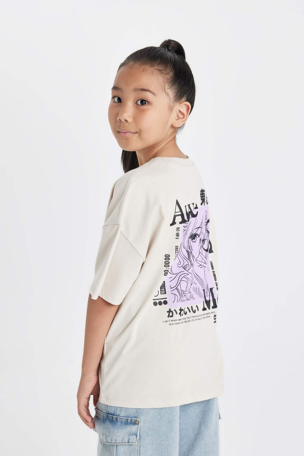 K?z Cocuk Oversize Genis Kal?p Bisiklet Yaka Bask?l? K?sa Kollu Tisort - Defacto фото 3