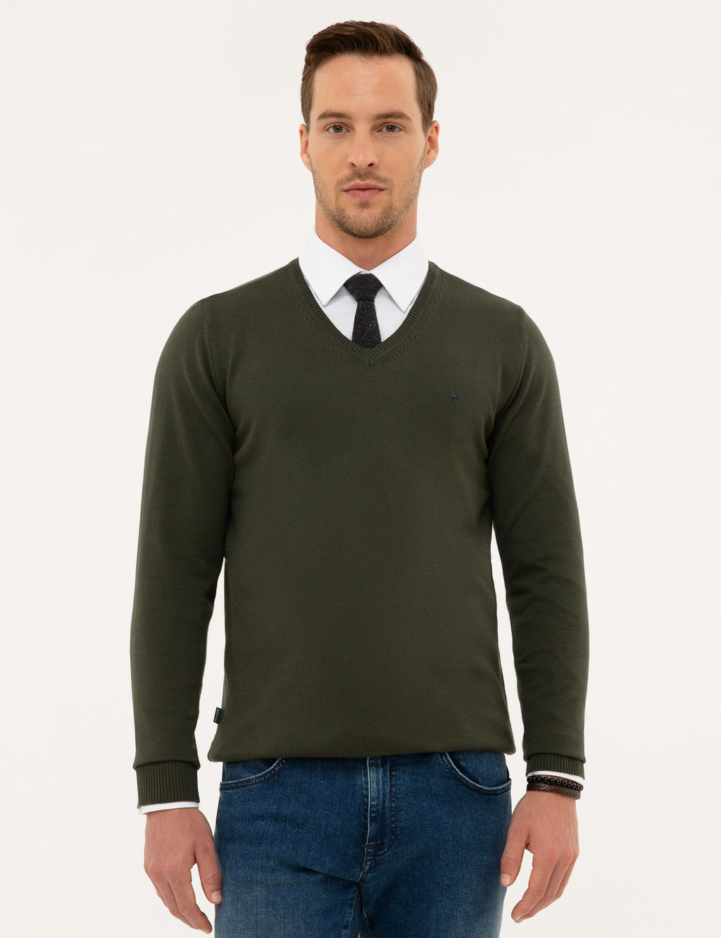 Ye_il Slim Fit V Yaka Basic Triko Kazak