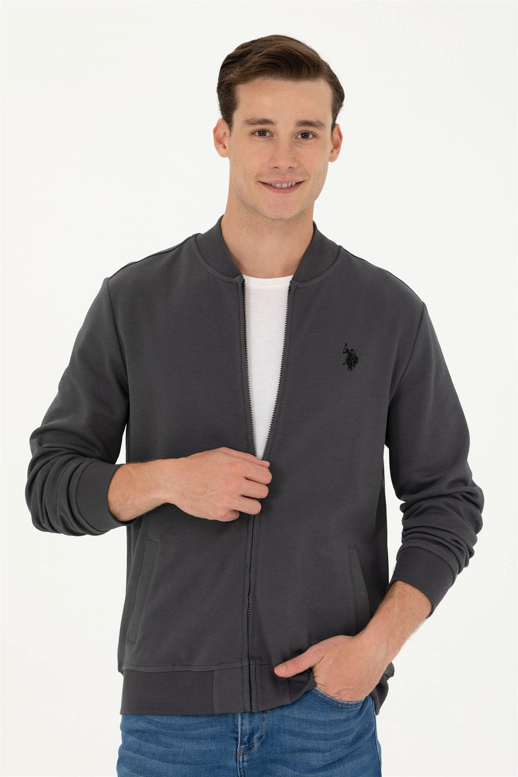 U. S. Polo Assn Мужской вязаный кардиган антрацитового цвета с воротником стойкой - U.s. polo assn фото 3