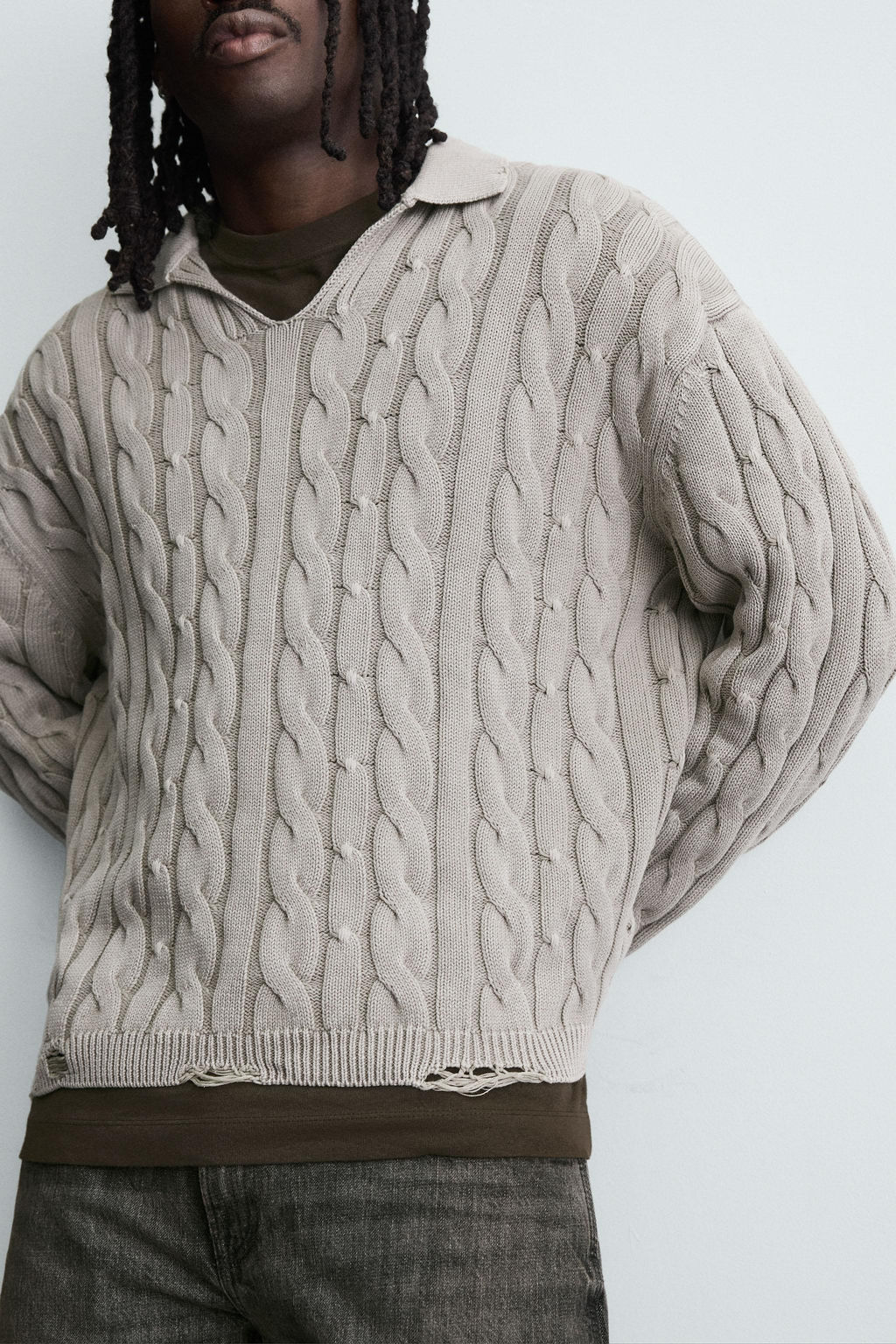 CABLE KNIT POLO SHIRT WITH DISTRESSED EFFECT - Zara фото 6