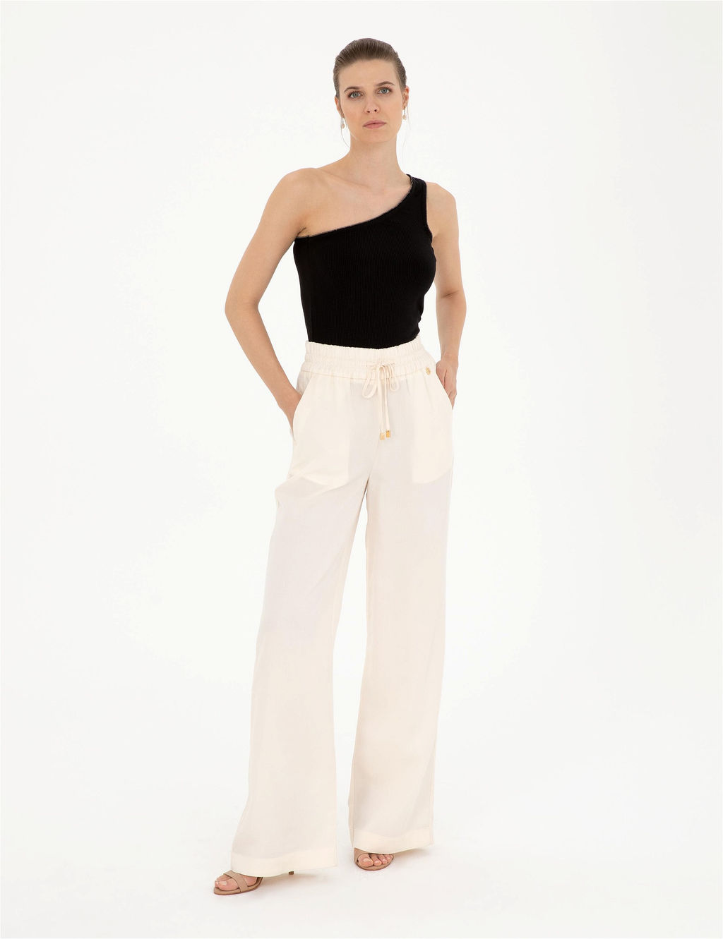 Ekru Y_ksek Bel Wideleg Pantolon