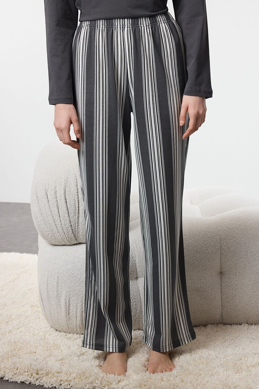 Trendyolmilla Antrasit %100 Pamuklu Cizgili Orme Pijama Tak?m? THMAW25PT00188  фото 16