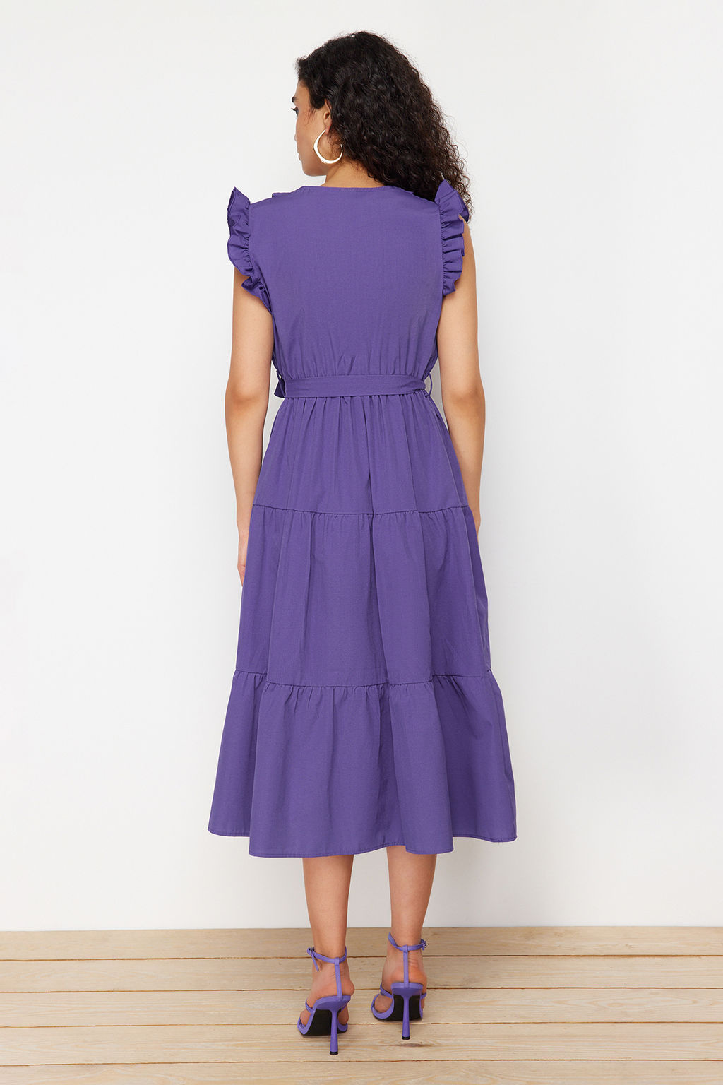 Mor Kusakl? A Kesim Kruvaze Yaka Midi Dokuma Elbise TWOSS24EL00914