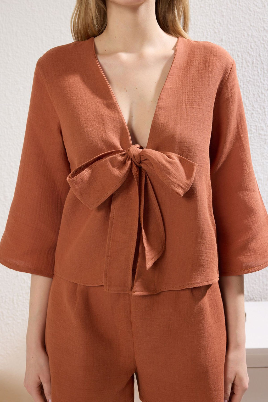 Trendyolmilla Mavi %100 Pamuklu Baglama/Kurdele/Fiyonk Detayl? Muslin Sortlu Dokuma Pijama Tak?m? THMSS24PT00077 фото 24