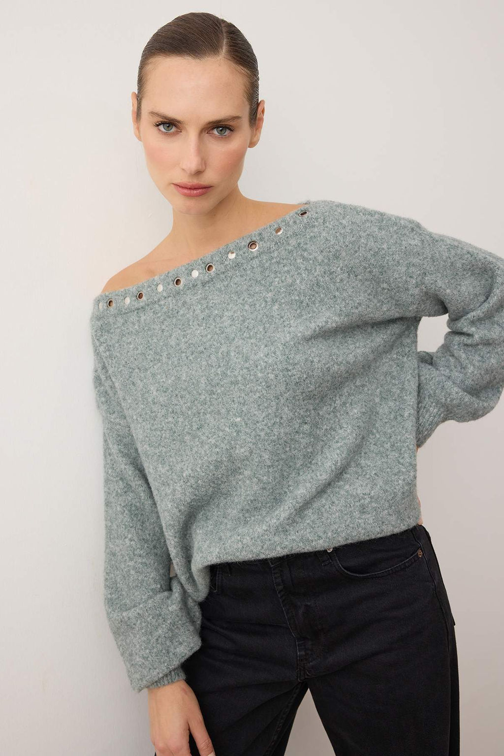 Mint-Gri Kay?k Yaka Yunlu Yumusak Dokulu Kusgozu Detayl? Triko Kazak TWOAW26KZ00273 - Trendyolmilla фото 2