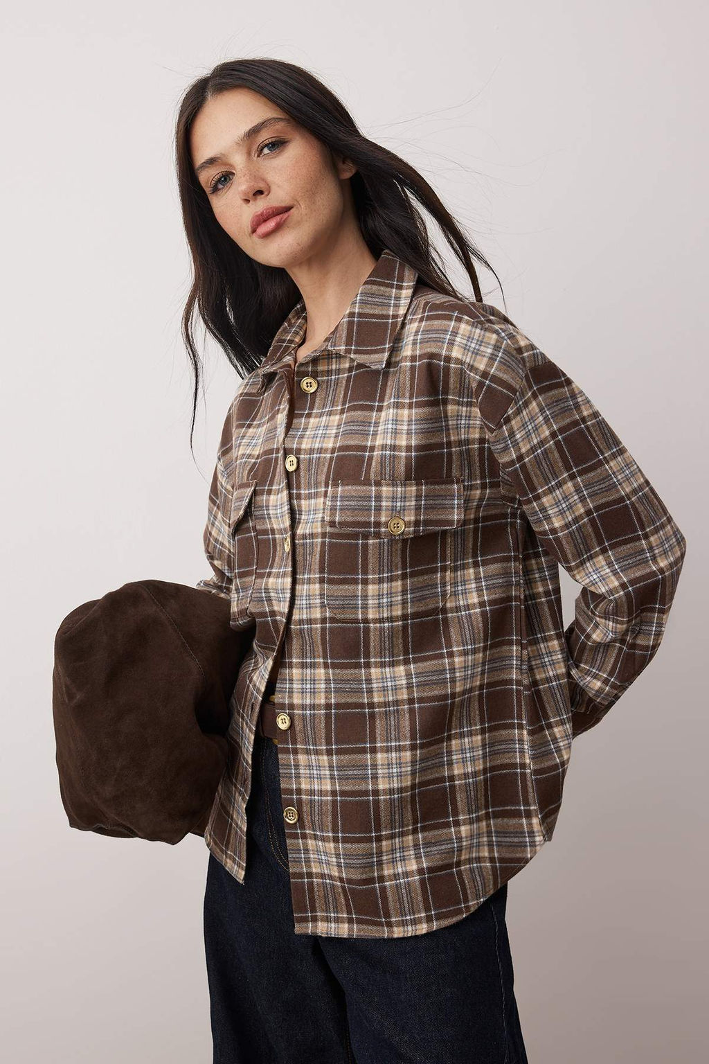 Kahverengi-Cok Renkli Ekose Gold Dugme Detayl? Oversize Gomlek TWOAW26GO00129 - Trendyolmilla фото 2