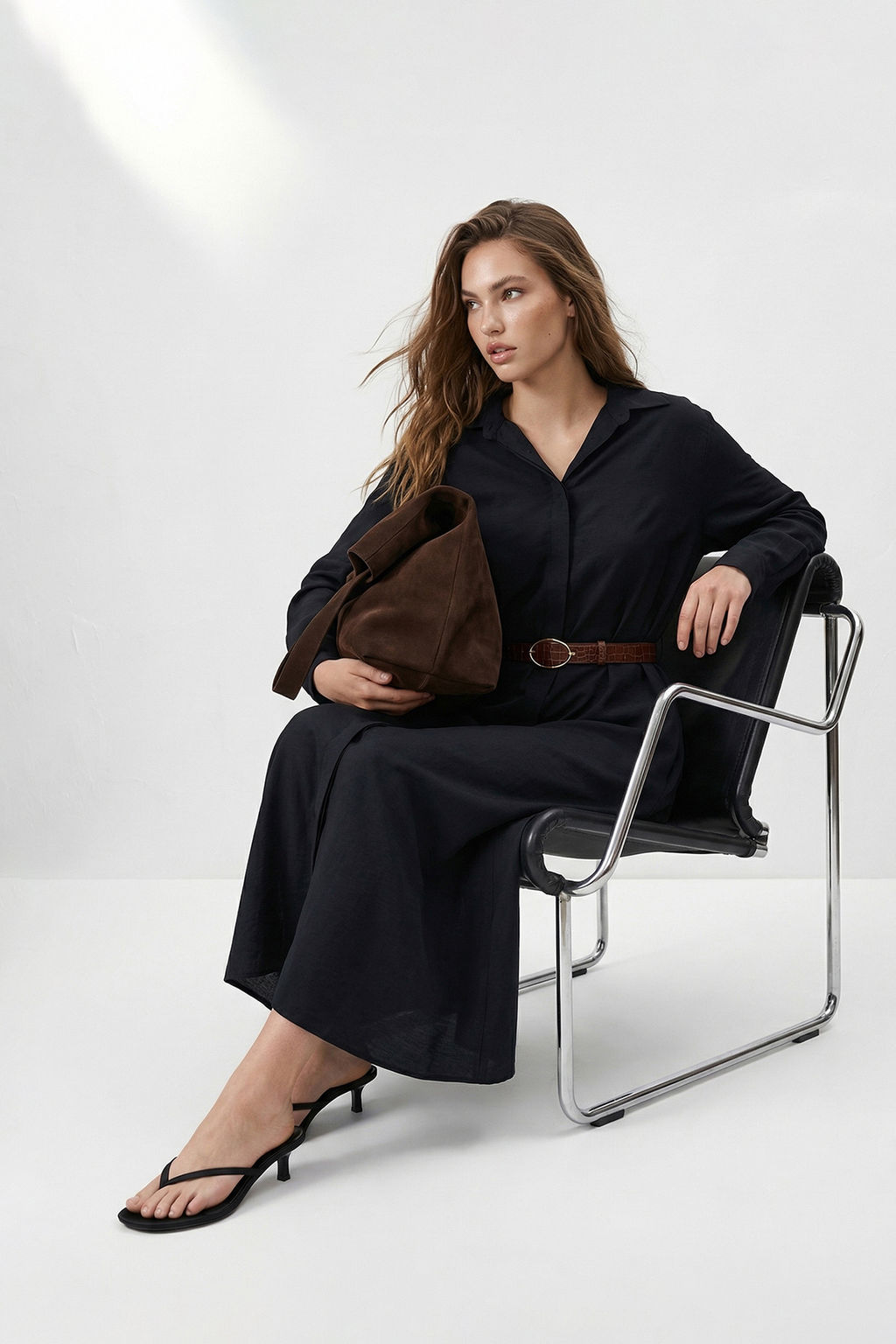 Siyah Deri Kemerli Midi Dokuma Elbise TWOSS26EL00748