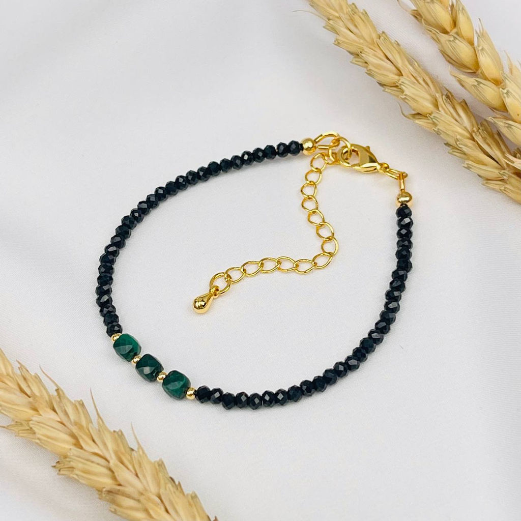 Баслет из черной Шпинели и Малахита 18,5 см +