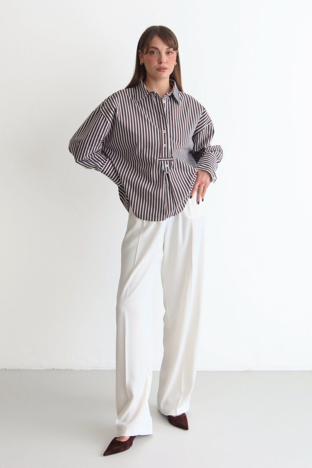 Koyu Kahverengi-Ekru Cizgili Yar?m Dugmeli Oversize Dokuma Bluz TWOSS26BZ00565 - Trendyolmilla фото 5