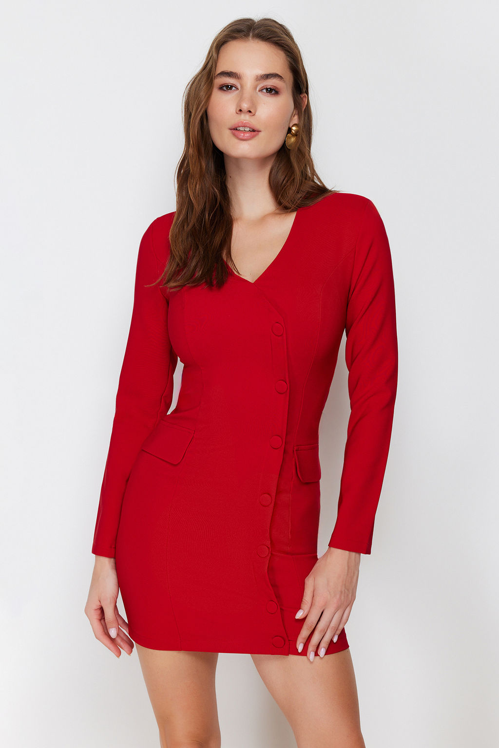 K?rm?z? Cep Detayl? Dugmeli V Yaka Dokuma Ceket Elbise TWOAW24EL00629 - Trendyolmilla фото 8