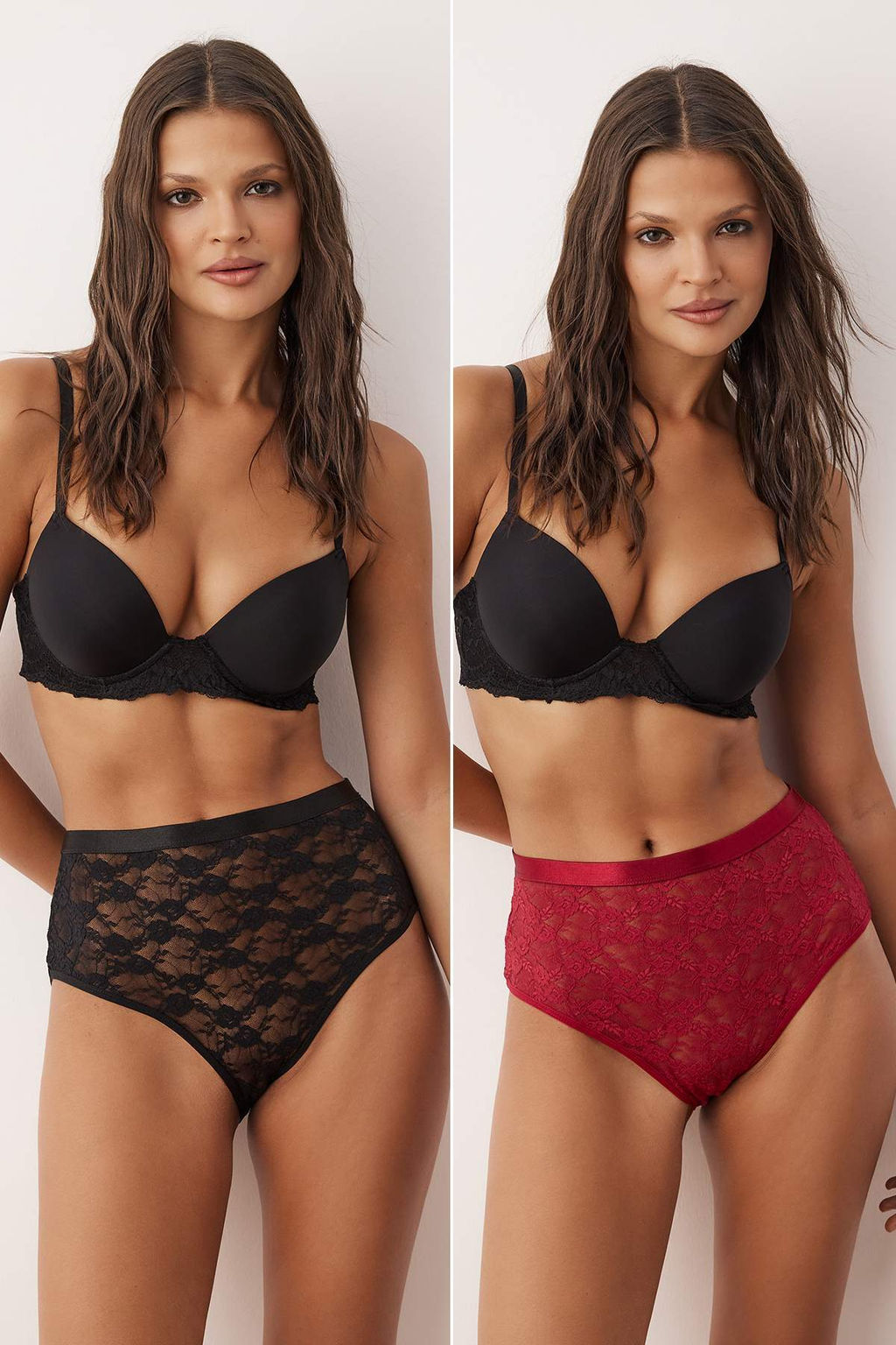 Siyah-Bordo 2li Dantel Hipster Lastikli Duz Hipster Kulot THMAW26KU00008