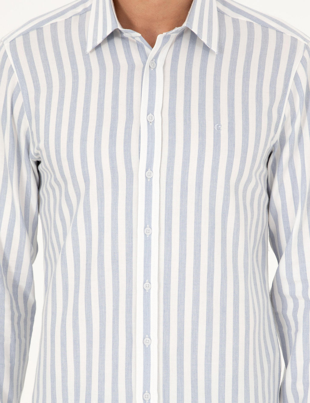 Синяя рубашка узкого кроя в полоску из смесового хлопка - Cacharel фото 6