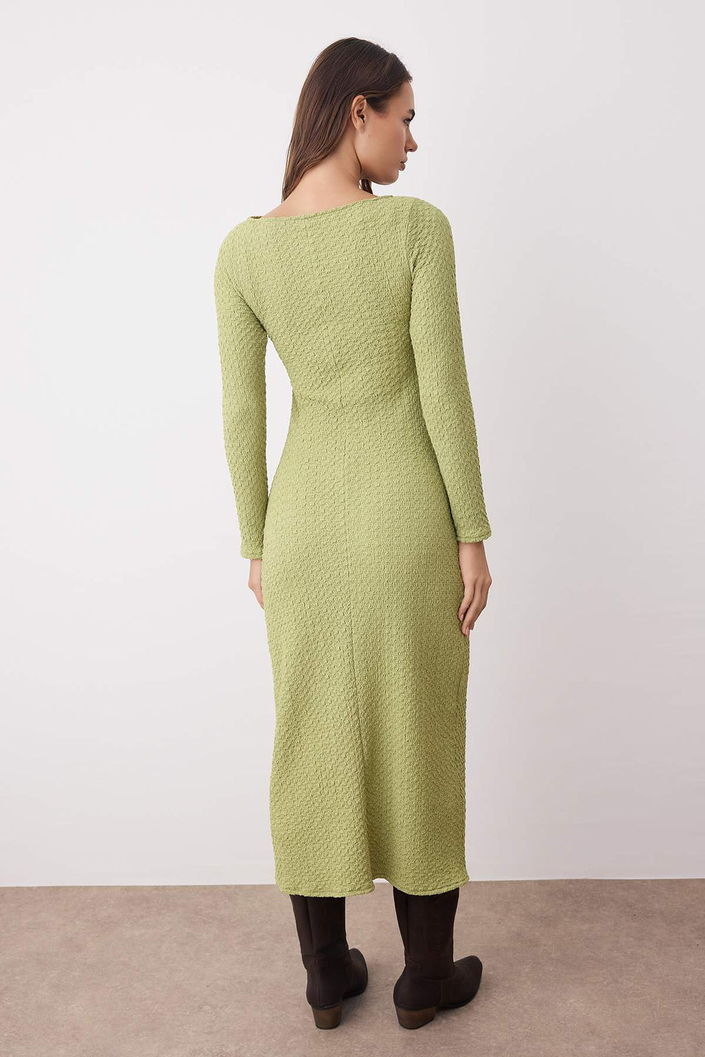 Haki Duz Dokulu Fitted/Vucuda Oturan Maxi Orme Elbise TWOAW25EL00097