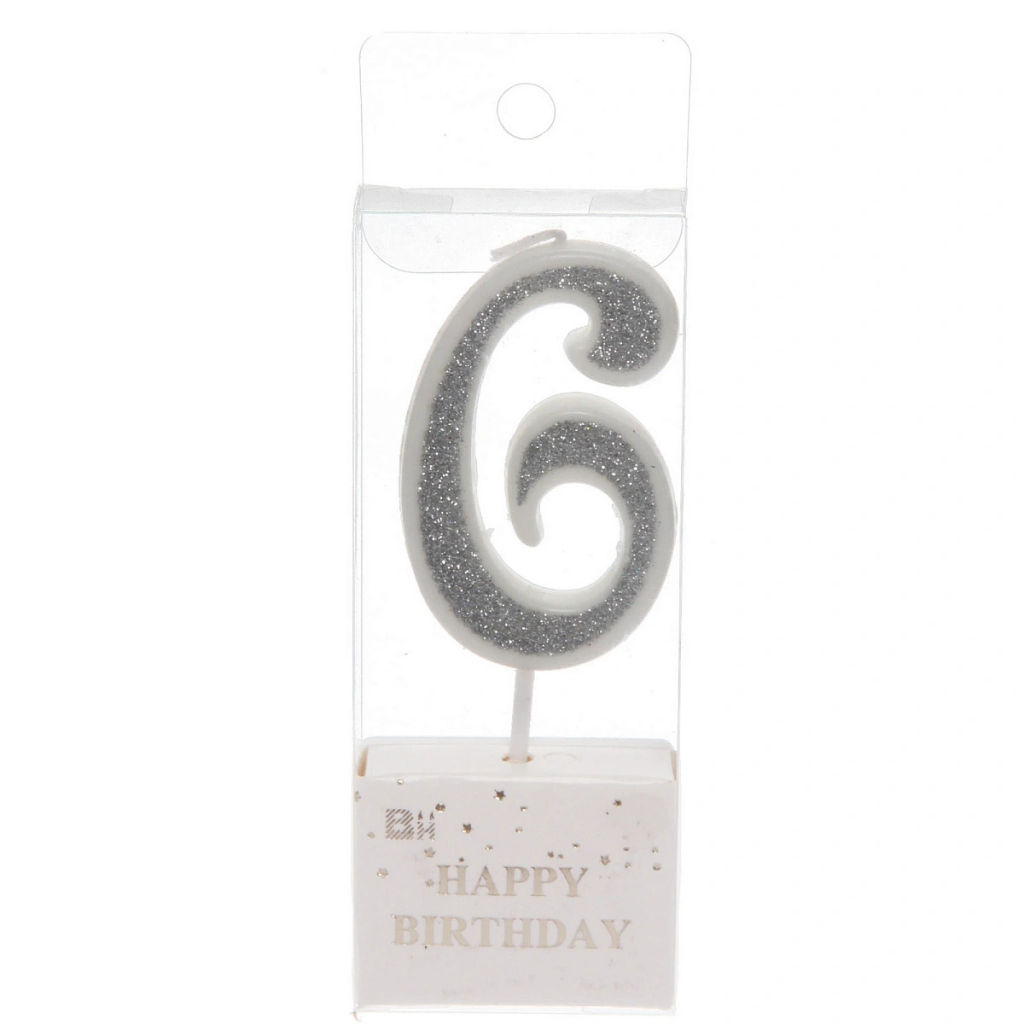 Цена за 10 шт. Свеча для торта Цифра Иллюзия "6" 9,5 см, серебро