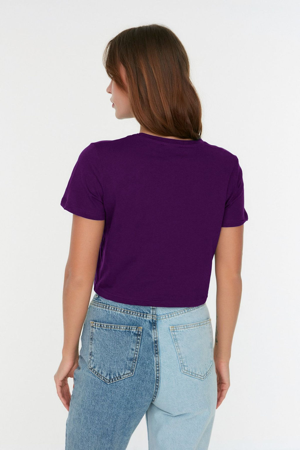 Mor-Antrasit 2li Paket %100 Pamuk Crop Bisiklet Yaka Orme T-Shirt TWOSS20TS1480