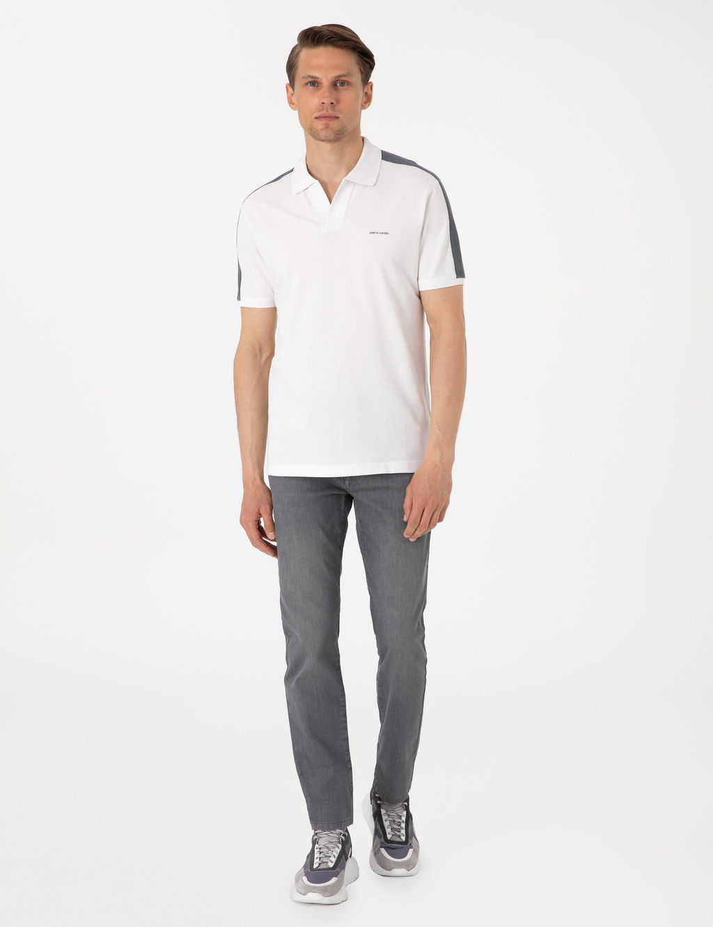 Koyu Gri Kol Detayl_ Slim Fit %100 Pamuk Apa_ Yaka Ti__rt