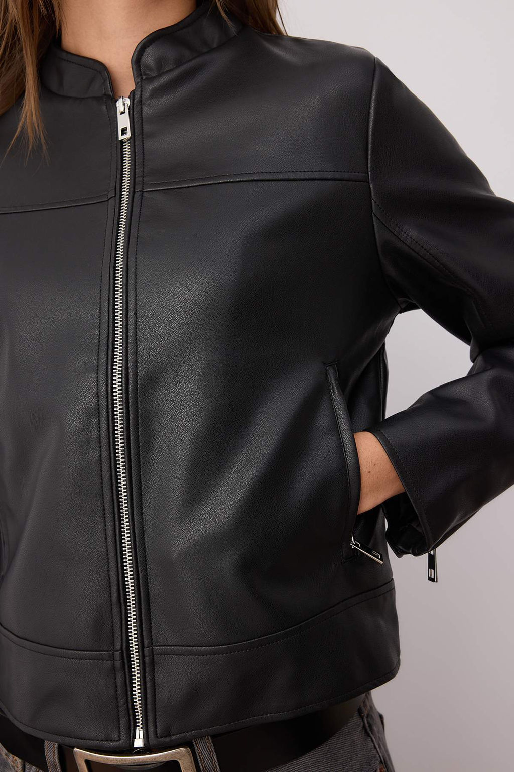 Siyah Fitted Kal?p Suni Deri Biker Ince Ceket Mont TWOAW26MO00085 - Trendyolmilla фото 3
