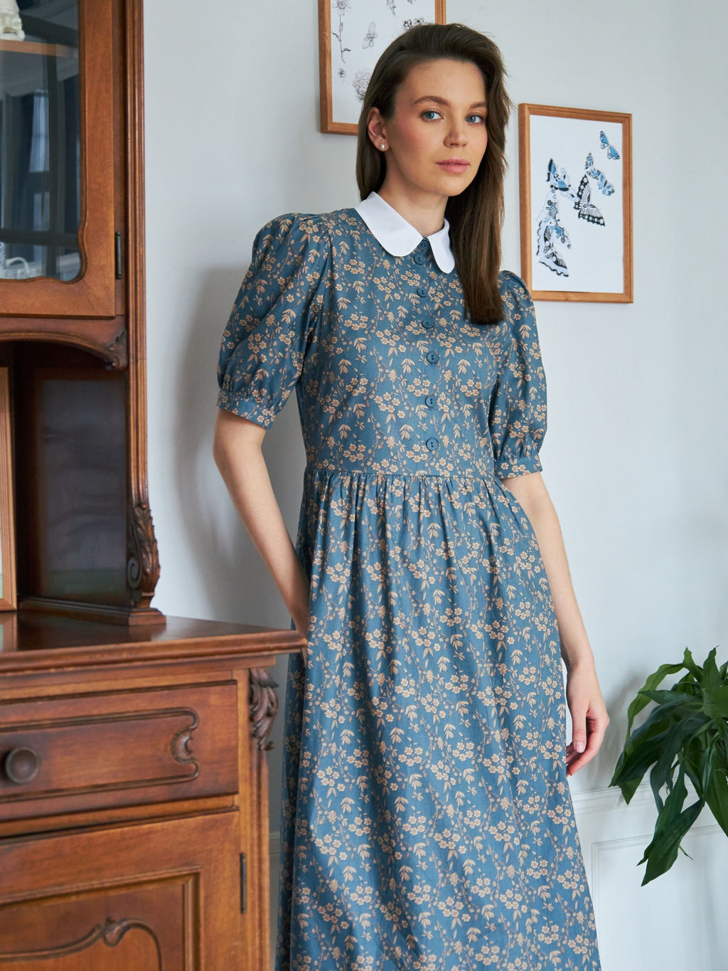 Платье хлопок OD-790-8 джинса ( бежевые цветы)