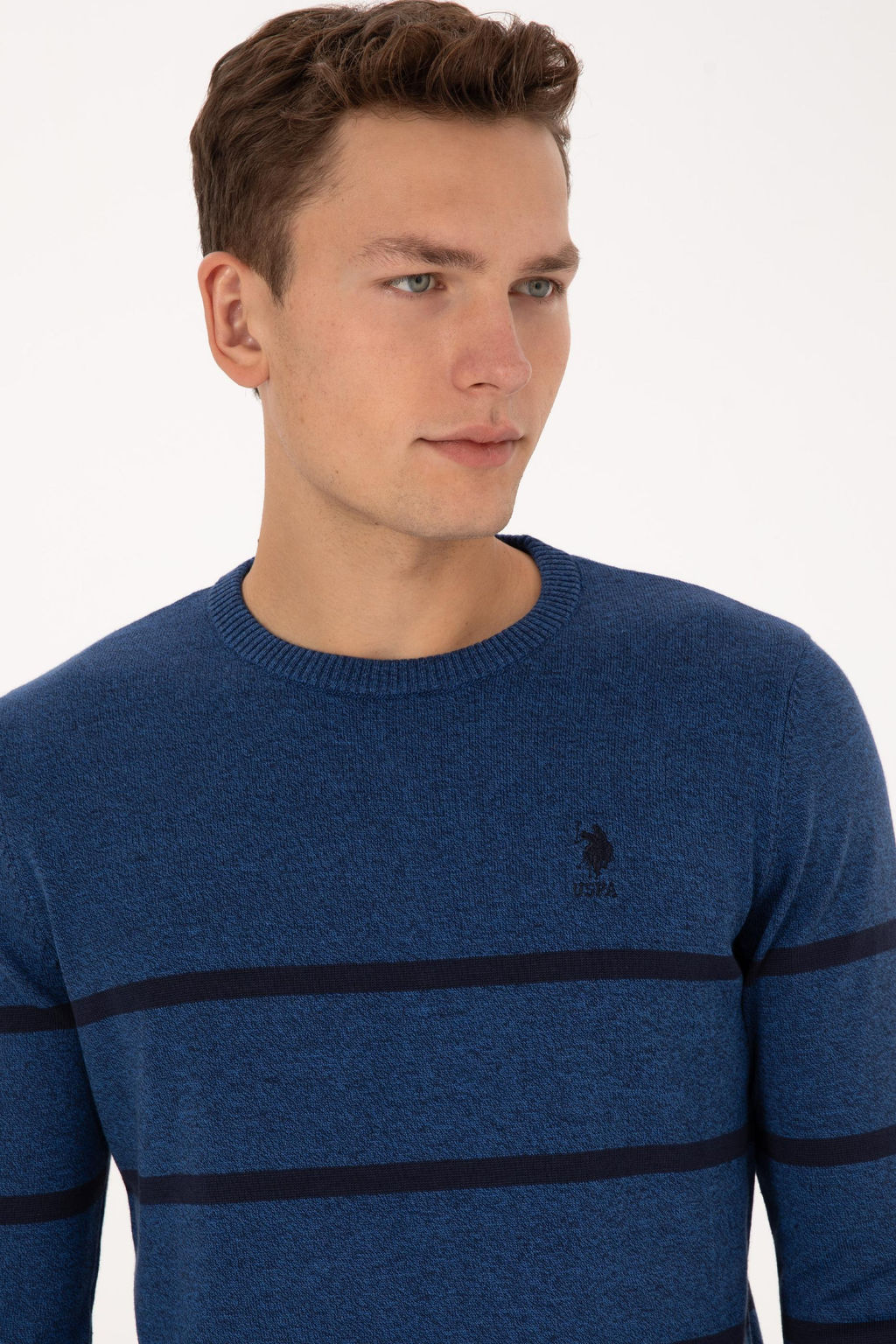 Erkek Slim Fit Bisiklet Yaka _izgili A__k Lacivert Kazak - U.s. polo assn фото 2