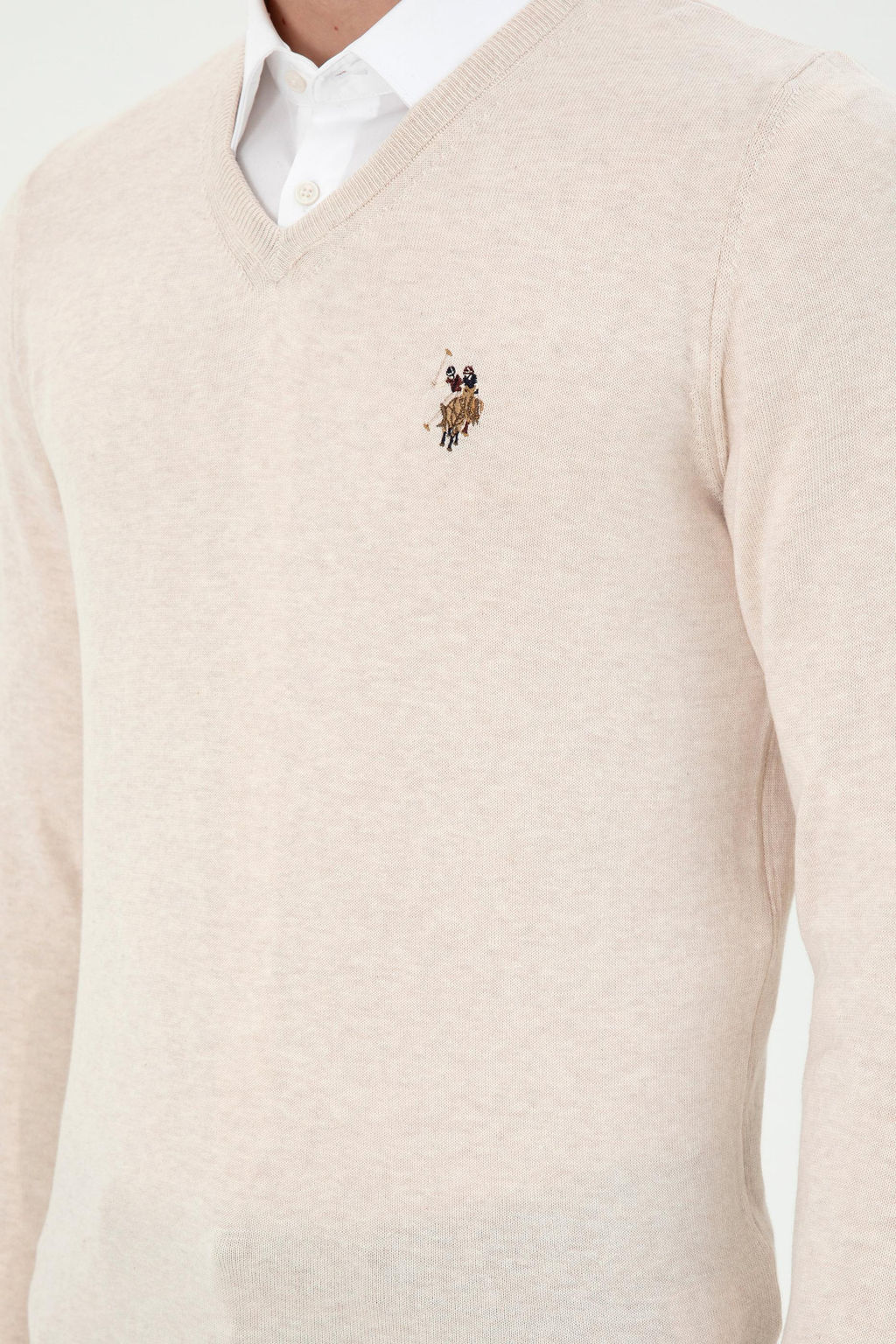Erkek Slim Fit V Yaka Krem Melanj Basic Kazak