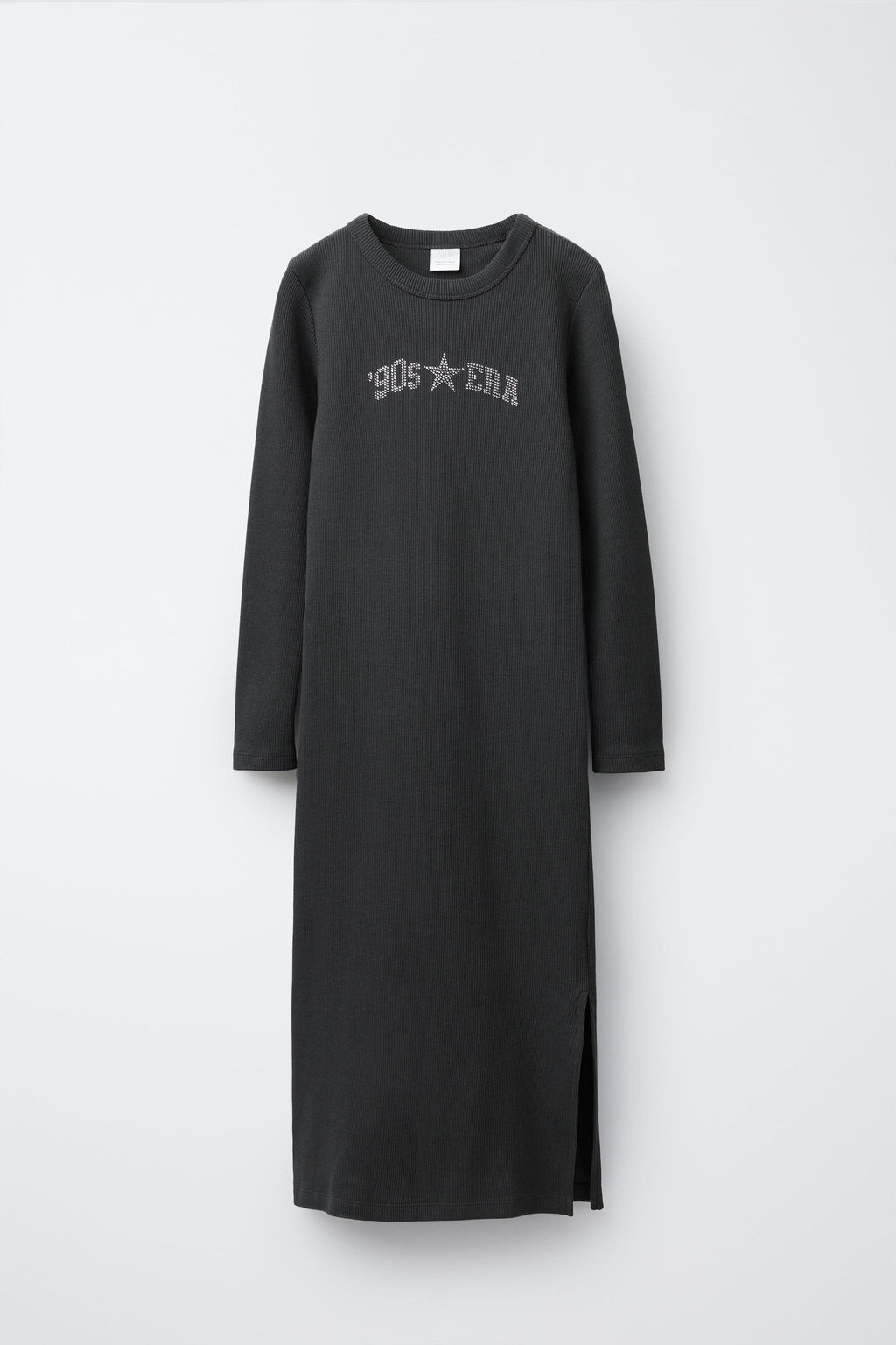 LONG RIBBED DRESS WITH RHINESTONE TEXT