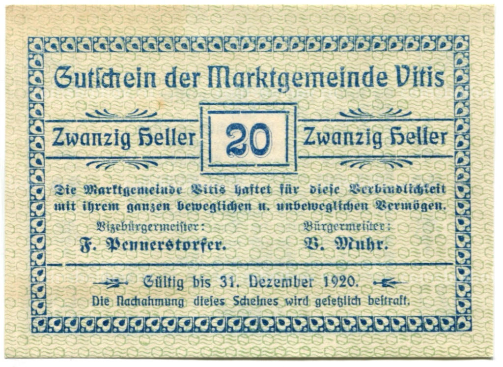 20 геллеров 1920 года Австрия Витис (нотгельд)