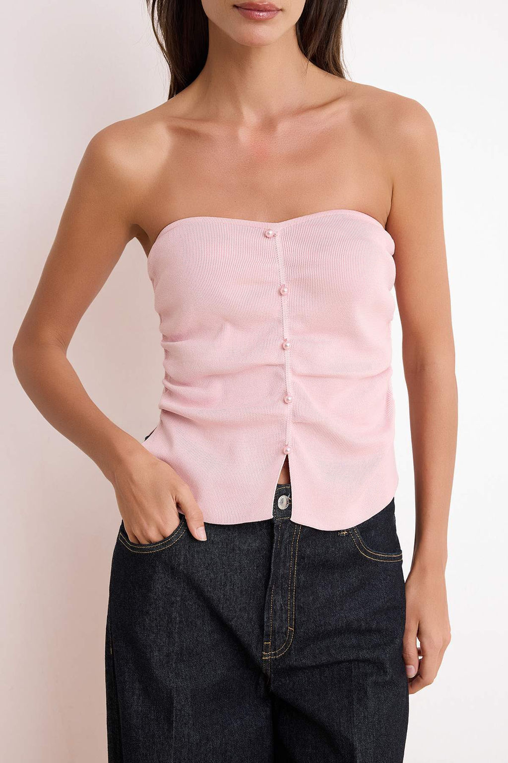 Pembe Inci Islemeli Straplez Vucudu Saran/Fitted Triko Bluz TWOSS25BZ00596 - Trendyolmilla фото 3