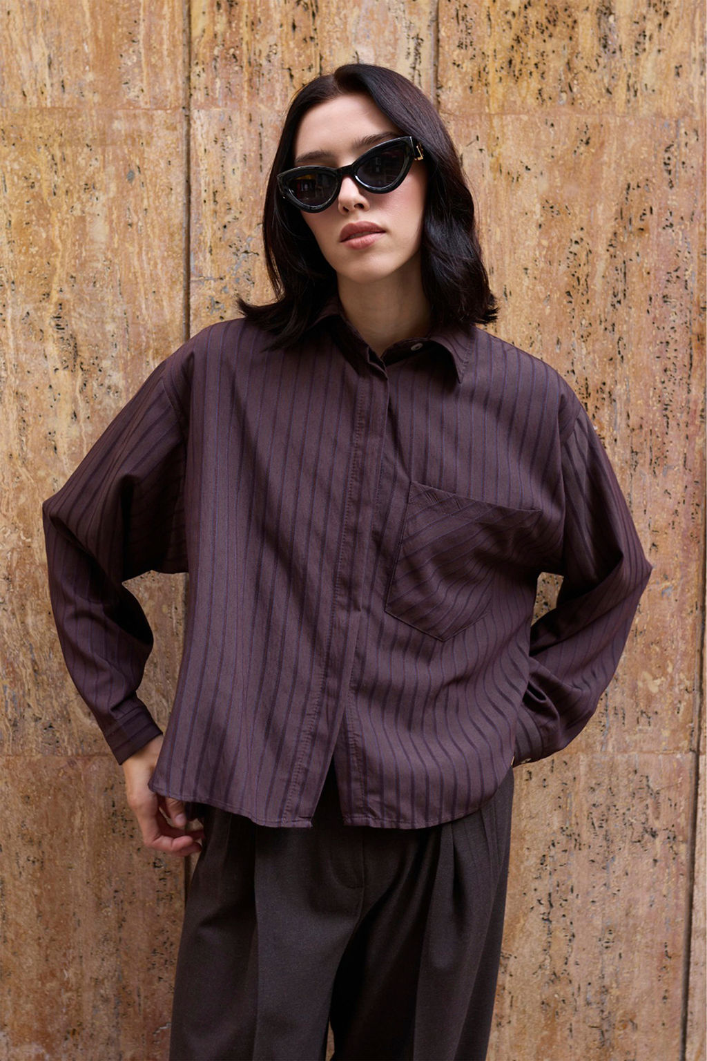 Kahverengi Cizgili Oversize Dokuma Gomlek TWOAW26GO00138