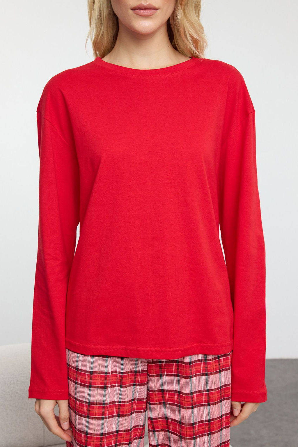 Trendyolmilla Pembe-Cok Renkli Pamuklu Ekoseli Uyku Bantl? Orme Pijama Tak?m? THMAW25PT00181 фото 4