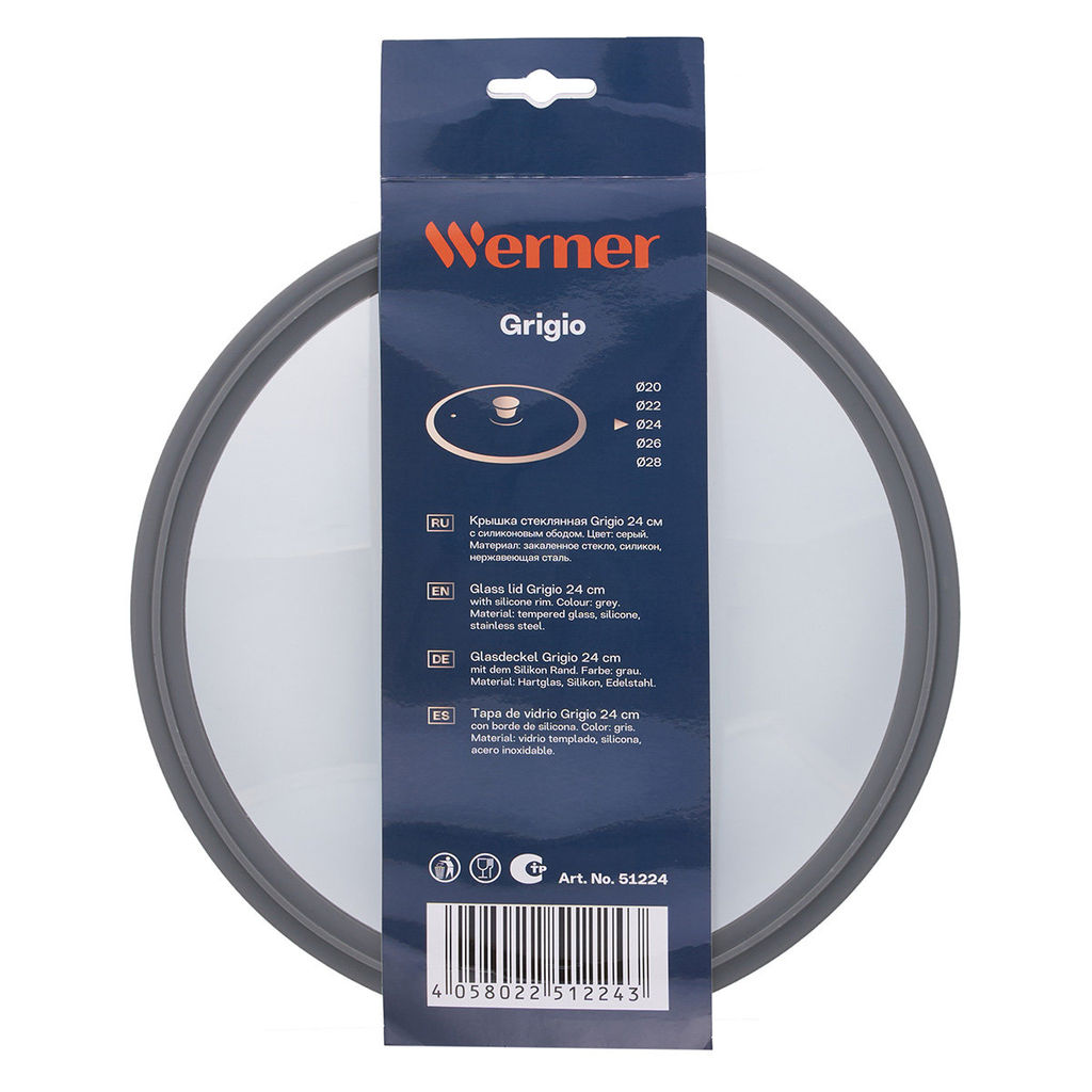 51224 WERNER Крышка стеклянная GRIGIO 24 см с силиконовым ободом. Цвет: серый. Материал: закаленное стекло, силикон, нерж. сталь.  фото 4