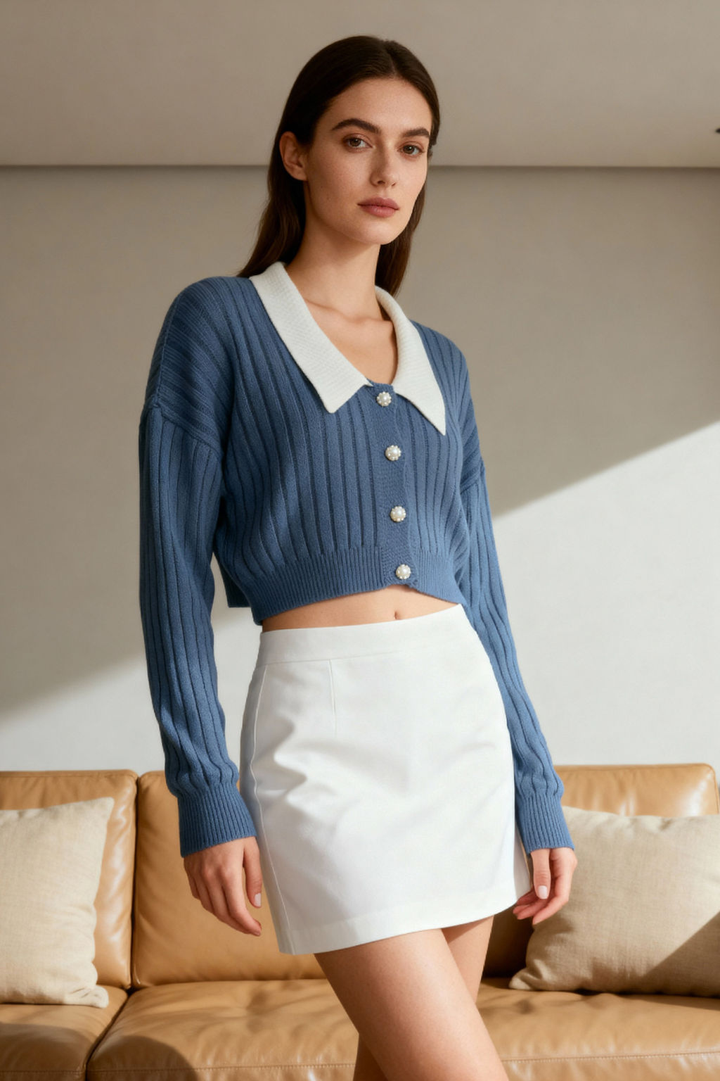 Indigo Super Crop Gomlek Garnili Triko H?rka TWOAW23HI00519