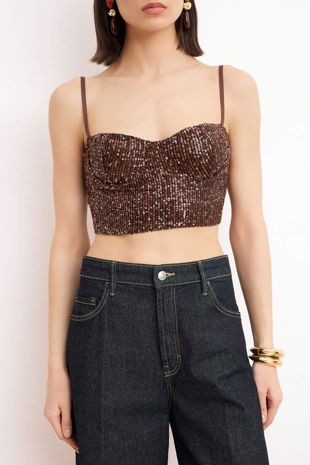 Kahverengi Payet Vucudu Saran Crop Party Bluz TPRSS26BZ00014