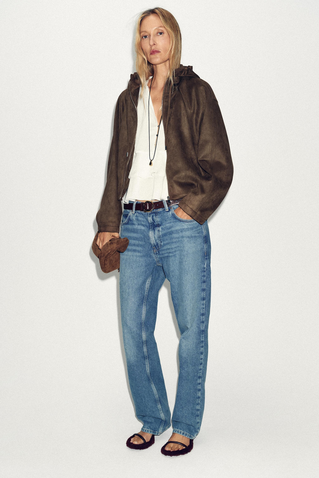 HOODED FAUX SUEDE BOMBER JACKET