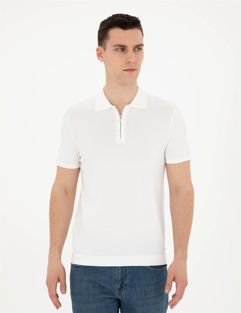 Beyaz Slim Fit Fermuarl_ Polo Yaka Triko Ti__rt - Pierre cardin фото 3