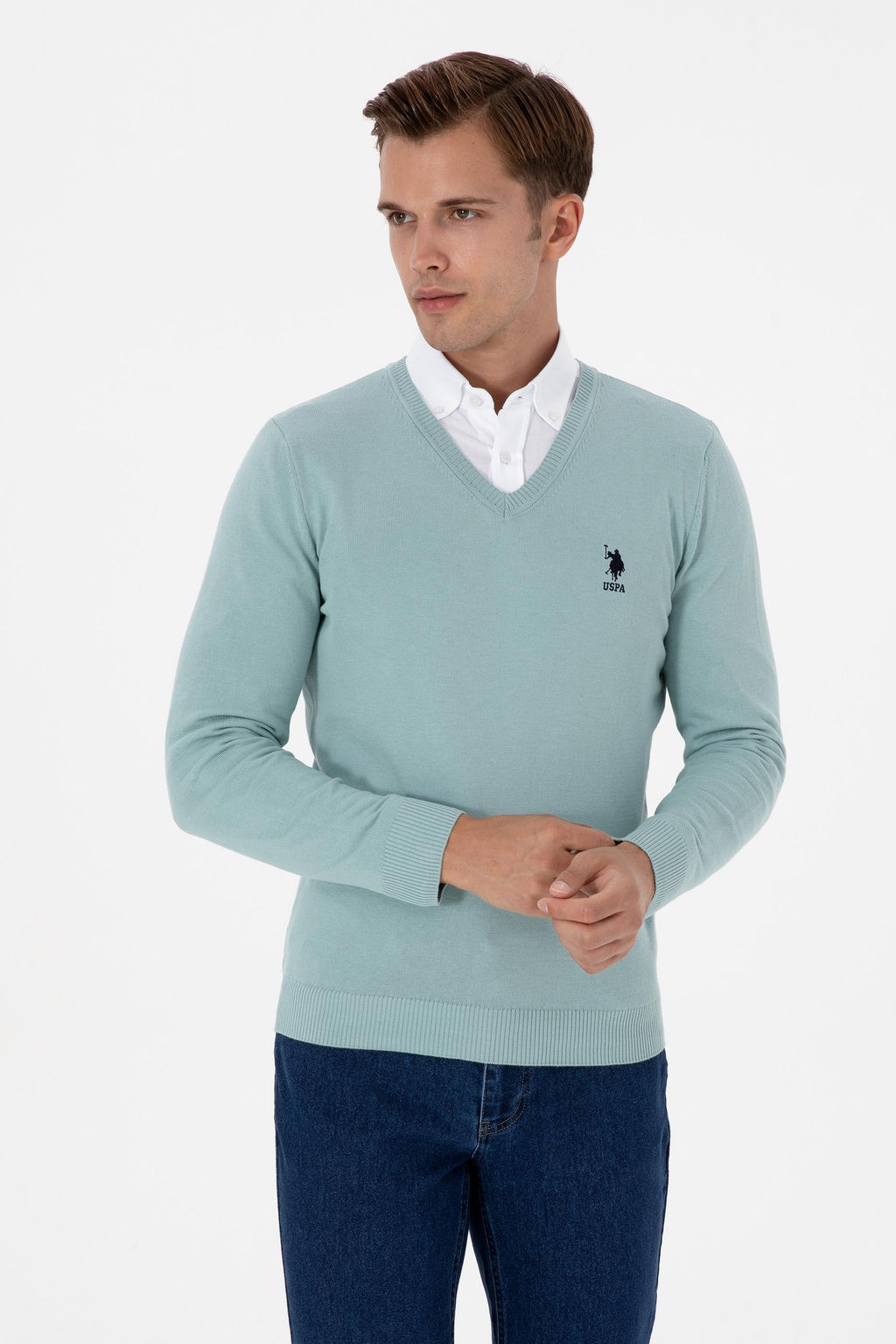 Erkek Slim Fit V Yaka Mint Basic Kazak
