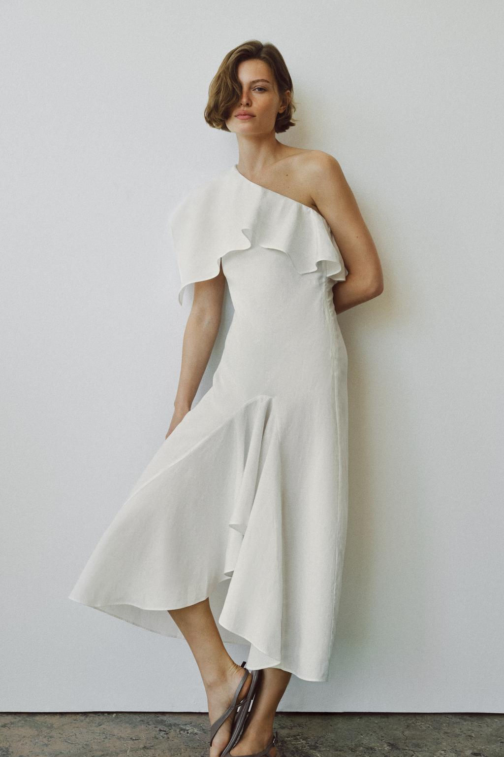 ZW COLLECTION ASYMMETRIC LINEN BLEND DRESS WITH RUFFLES - Zara фото 4